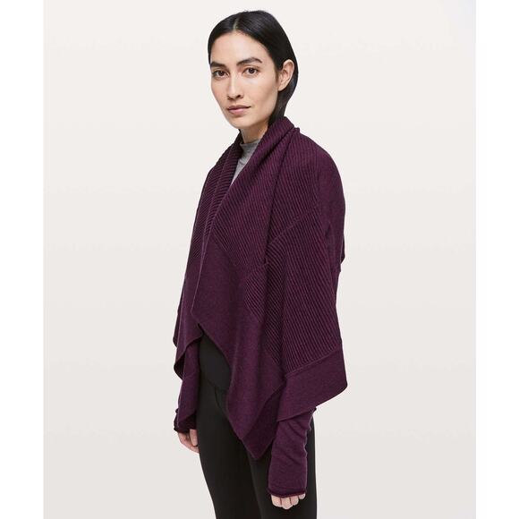 Lululemon Sit In Lotus Wrap II Heathered Plum Cardigan Merino Wool Sweater A32 - Picture 3 of 8